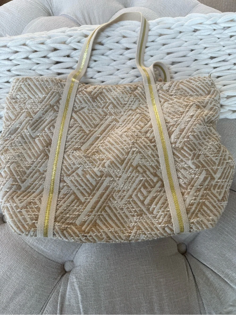 Beaded Floral Embroidered Beige & Pink Tote Bag with Tassel